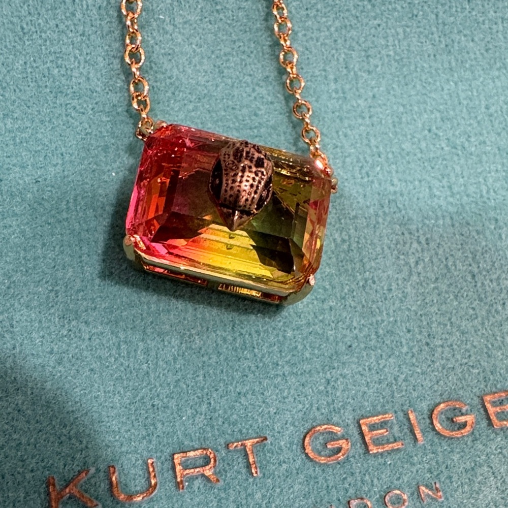 Kurt Geiger Gold Chain Mini Pendant with Pink, Orange and Yellow Crystal - Picture 2 of 2
